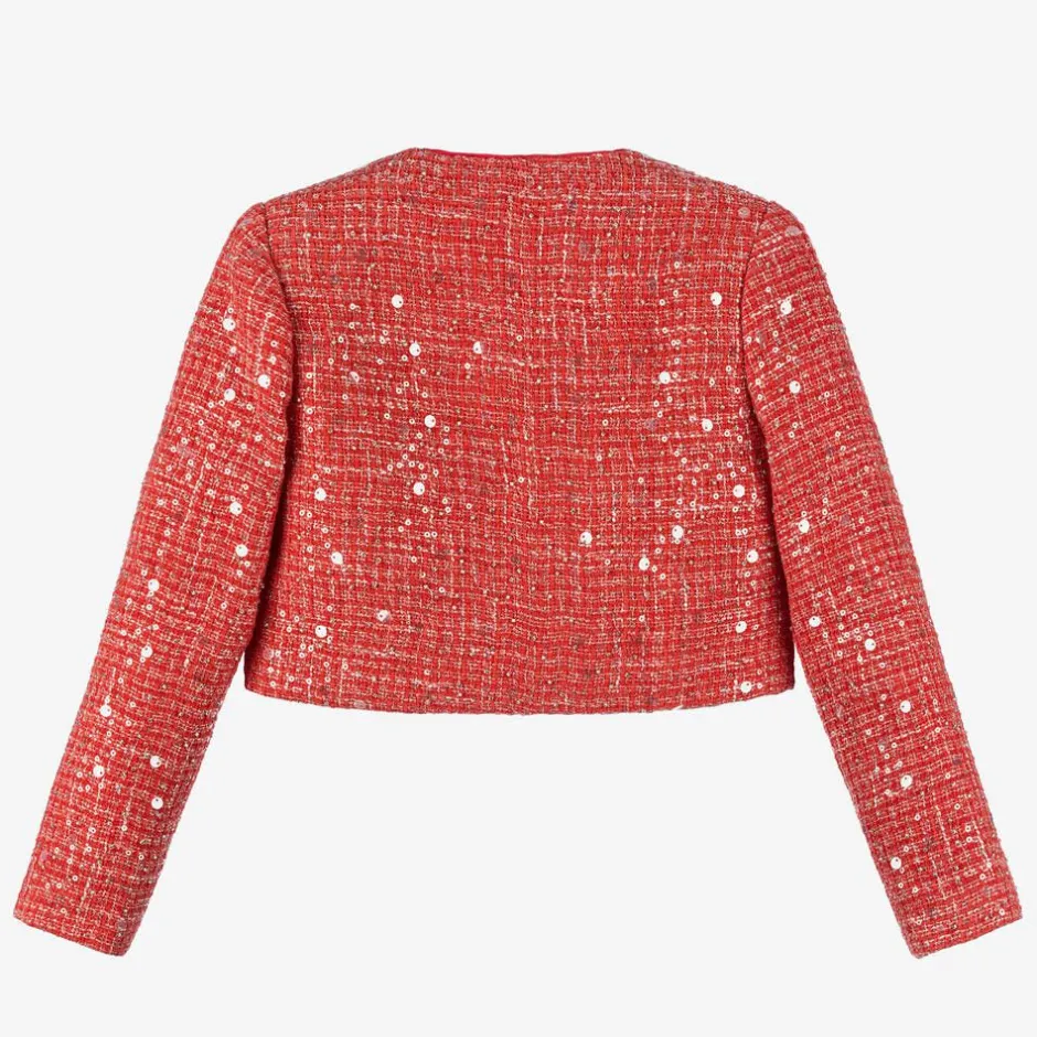 Marlo Kids Girls Red Sequinned Tweed Jacket New