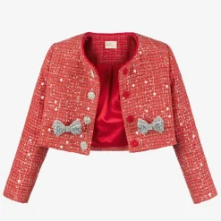 Marlo Kids Girls Red Sequinned Tweed Jacket New