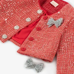Marlo Kids Girls Red Sequinned Tweed Jacket New