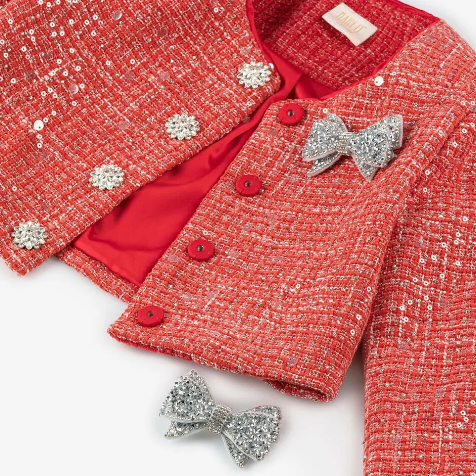 Marlo Kids Girls Red Sequinned Tweed Jacket New