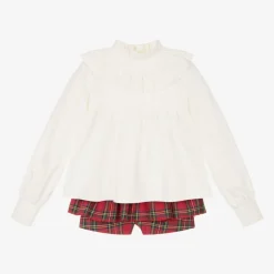 Abuela Tata Girls Red Tartan Cotton Shorts Set Discount