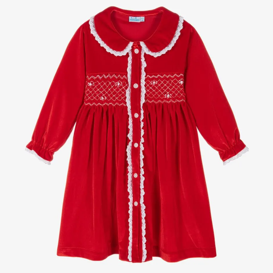 Mini Lunn Girls Red Velour Smocked Dressing Gown Hot