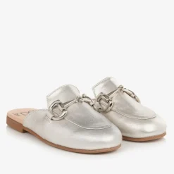 Irpa Girls Silver Leather Backless Loafers Clearance