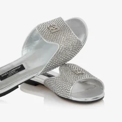 Dolce amp; Gabbana Girls Silver Leather Rhinestone Sliders New