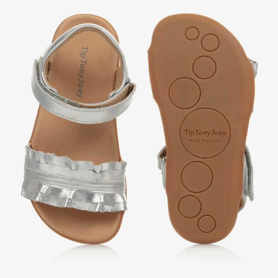 Tip Toey Joey Girls Silver Leather Ruffle Sandals Hot