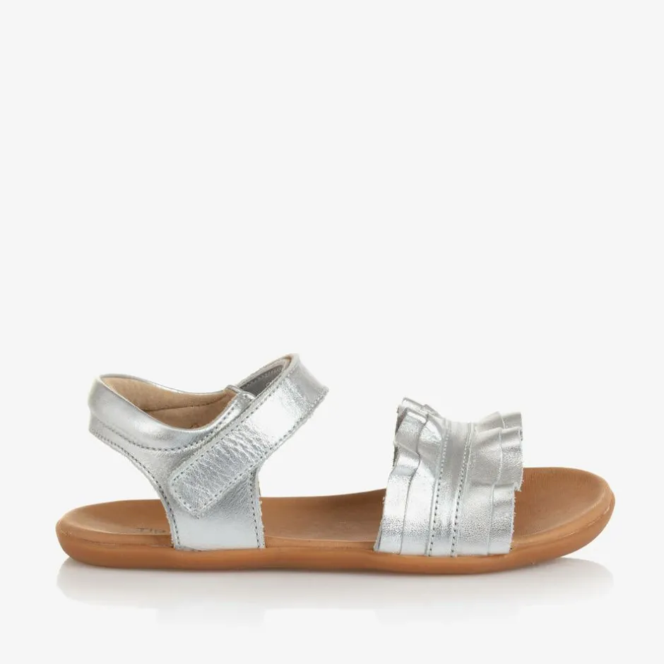 Tip Toey Joey Girls Silver Leather Ruffle Sandals Hot