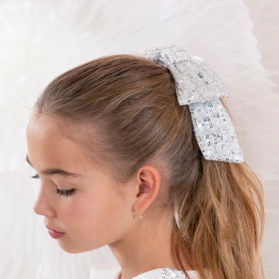 Patachou Girls Silver Sequin Bow Hair Elastic Discount