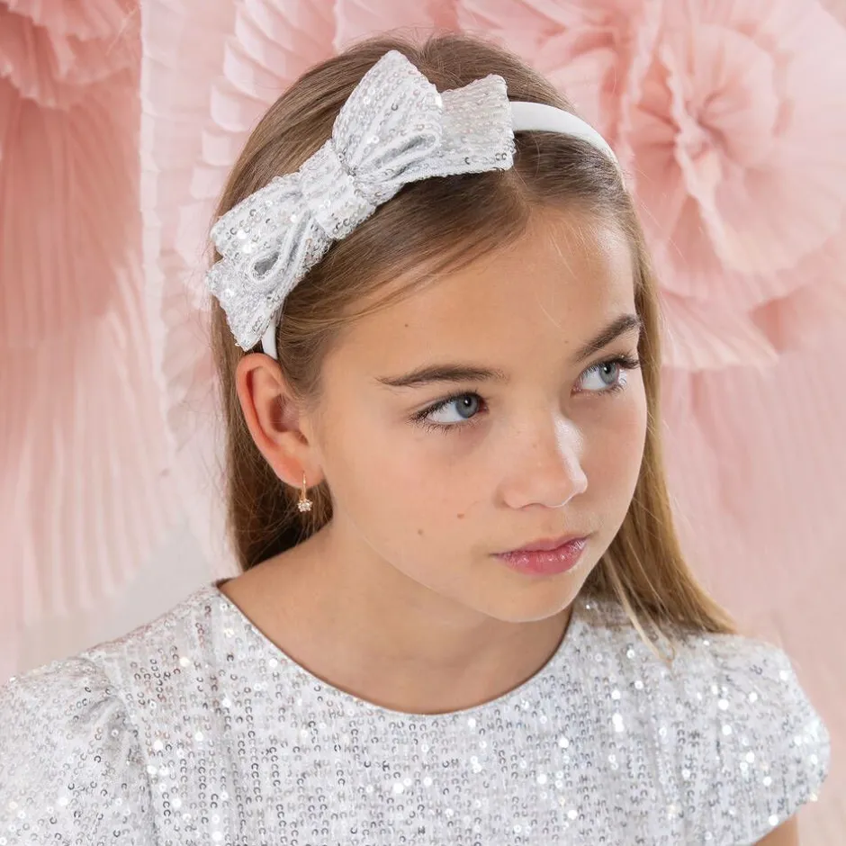 Patachou Girls Silver Sequin Bow Hairband