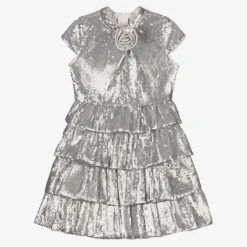 Marlo Kids Girls Silver Tiered Sequinned Tulle Dress