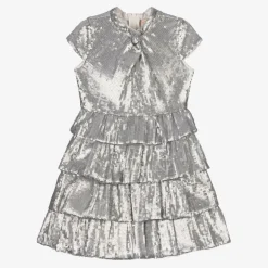 Marlo Kids Girls Silver Tiered Sequinned Tulle Dress