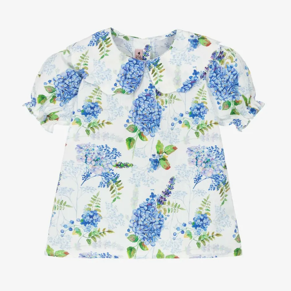 Phi Clothing Girls White & Blue Floral Cotton Blouse