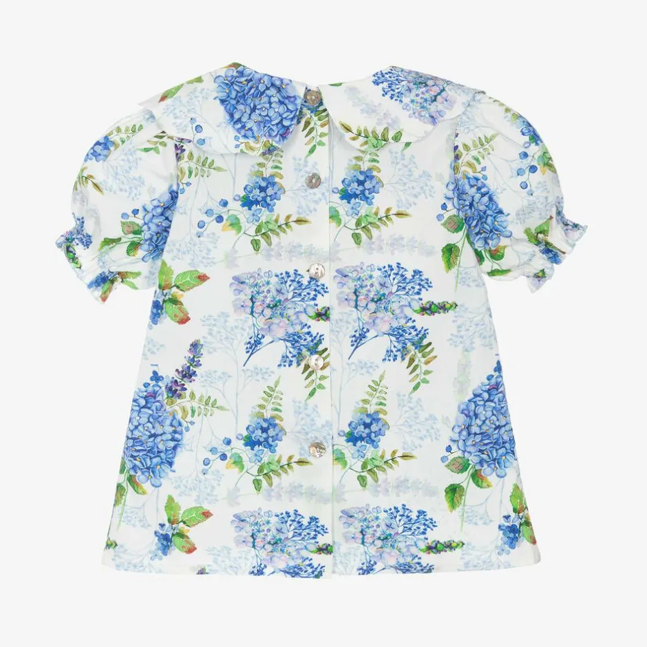 Phi Clothing Girls White & Blue Floral Cotton Blouse