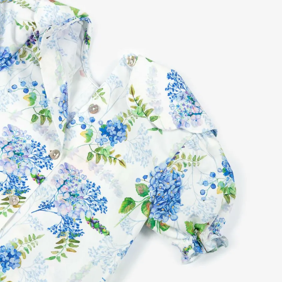 Phi Clothing Girls White & Blue Floral Cotton Blouse