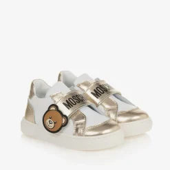 Moschino Kid-Teen Girls White & Gold Leather Bear Trainers New