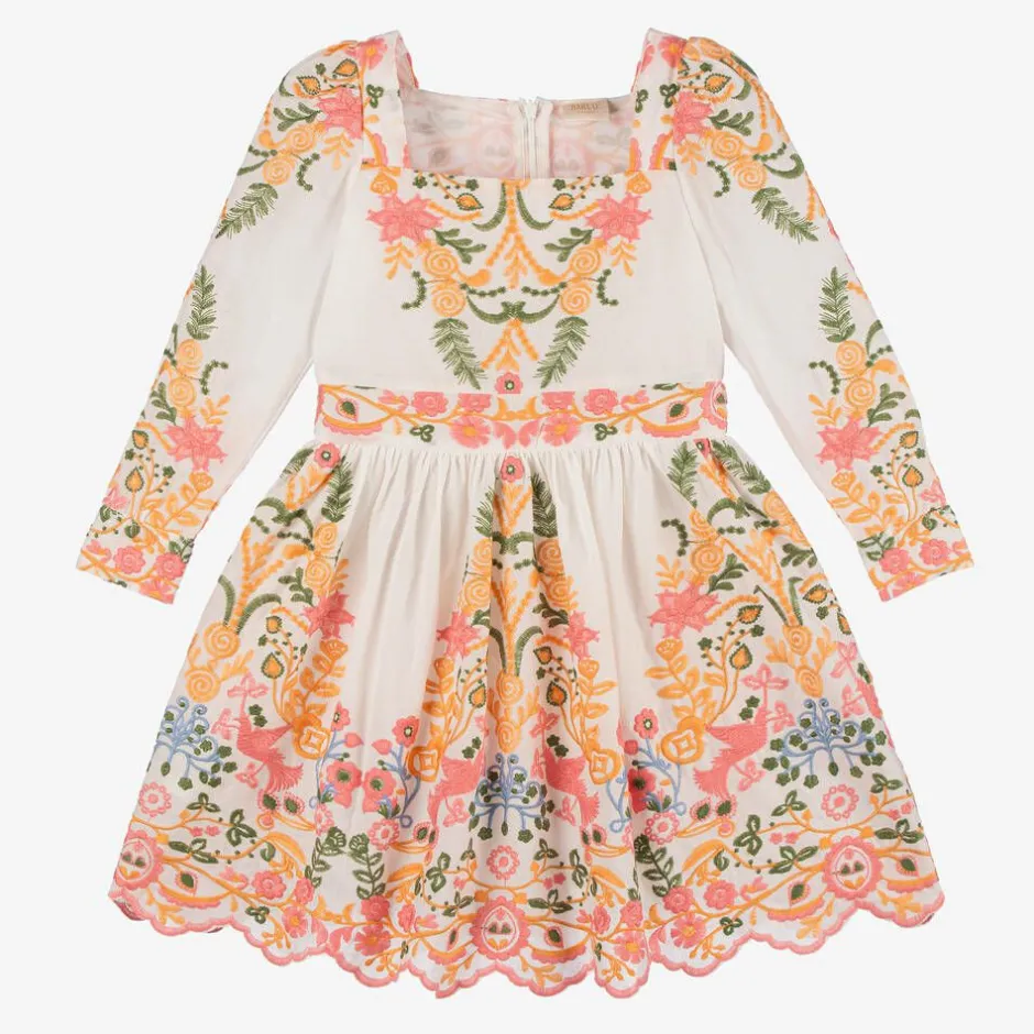 Marlo Kids Girls White Cotton Embroidered Floral Dress Discount