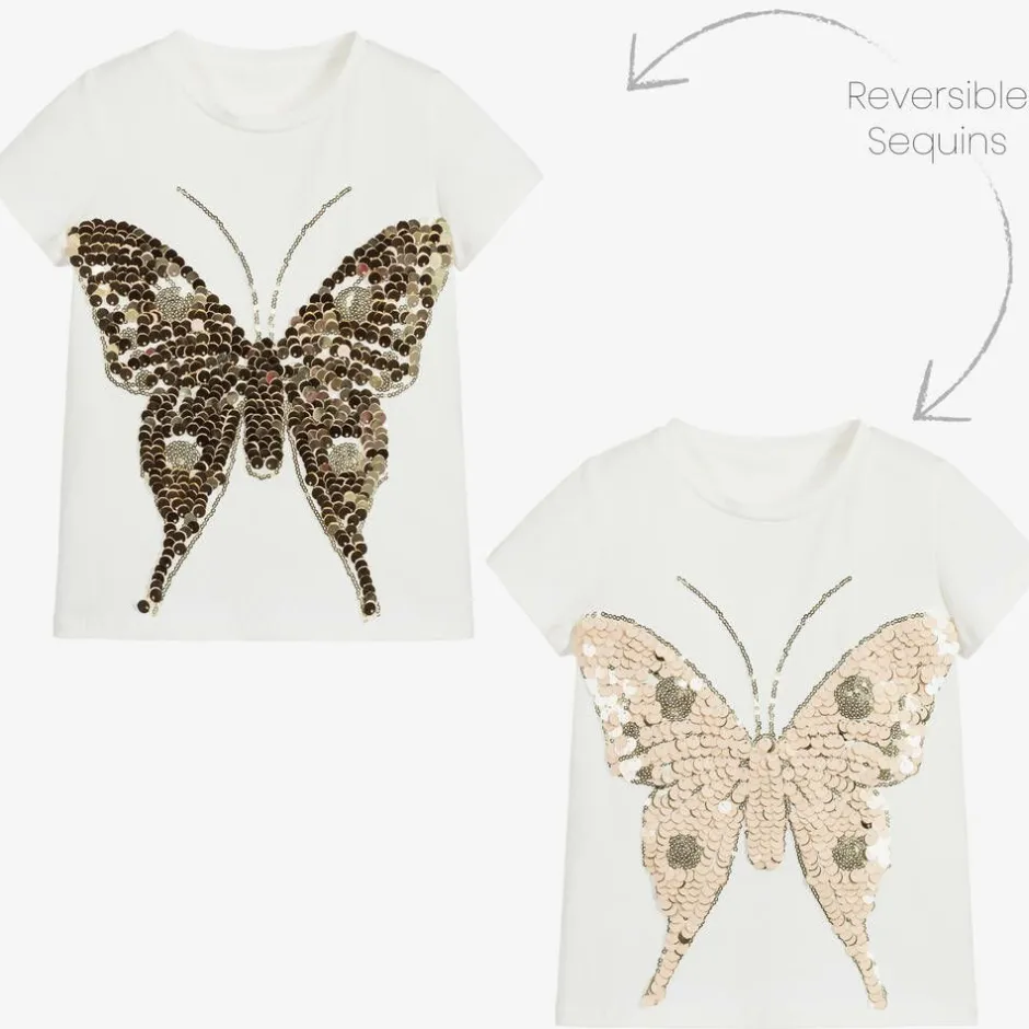 Childrensalon Occasions Girls White Cotton Sequin Butterfly T-Shirt Outlet