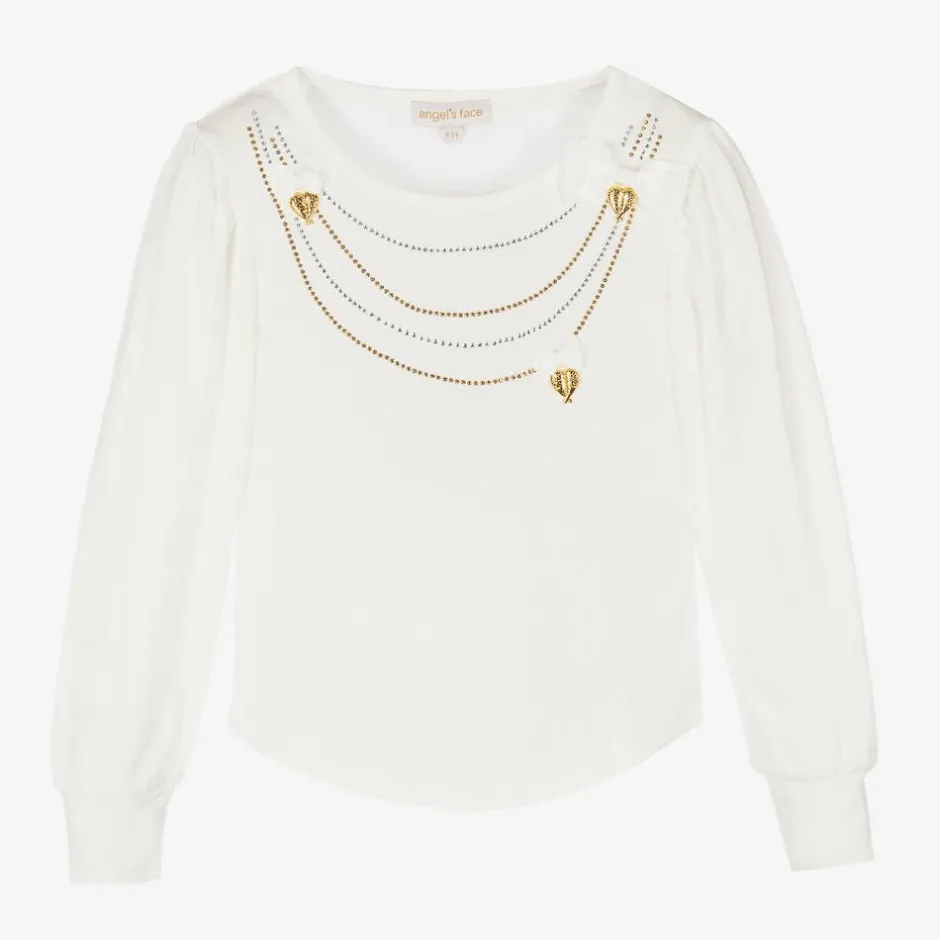Angels Face Girls White Cotton Studded Necklace Top Snowdrop Discount