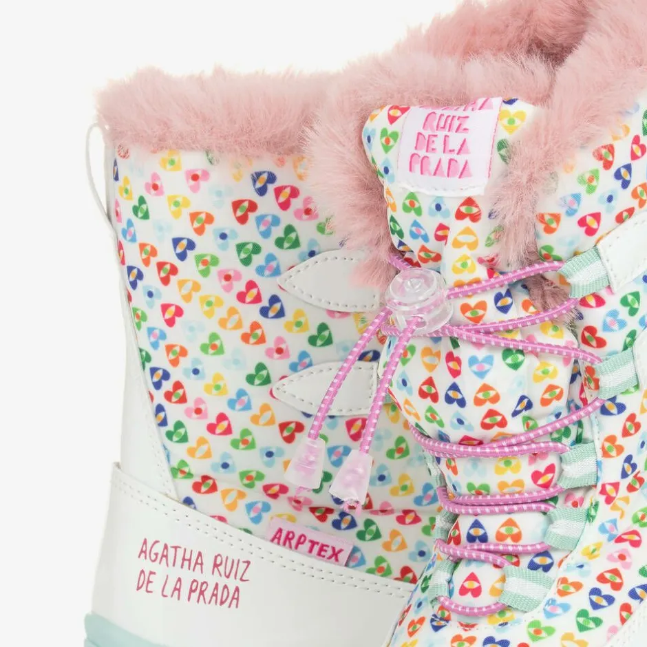 Agatha Ruiz de la Prada Girls White Heart Print Snow Boots Online