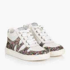 Naturino Girls White Leather & Glitter Trainers New