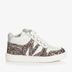 Naturino Girls White Leather & Glitter Trainers New