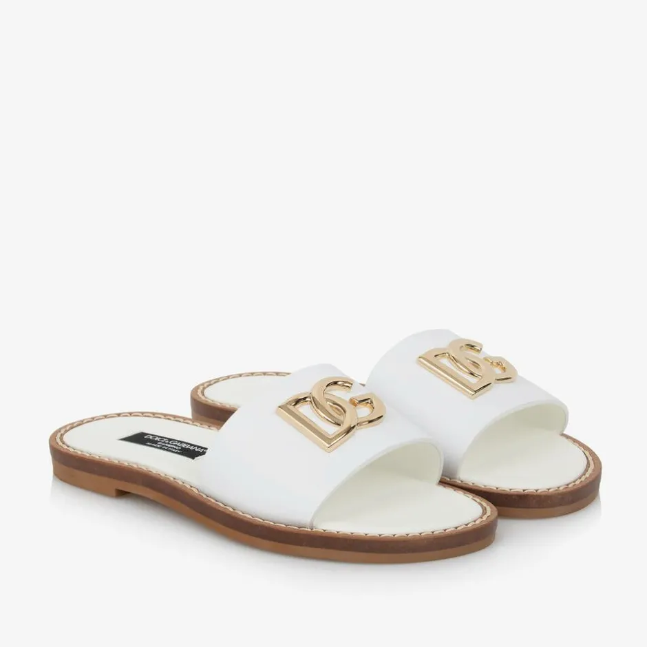 Dolce amp; Gabbana Girls White Leather DG Sliders Best
