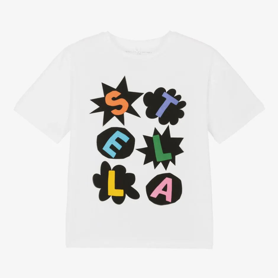 Stella McCartney Kids Girls White Logo Print Cotton T-Shirt Best