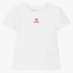 Guess Girls White Ribbed Cotton Jersey T-Shirt Discount