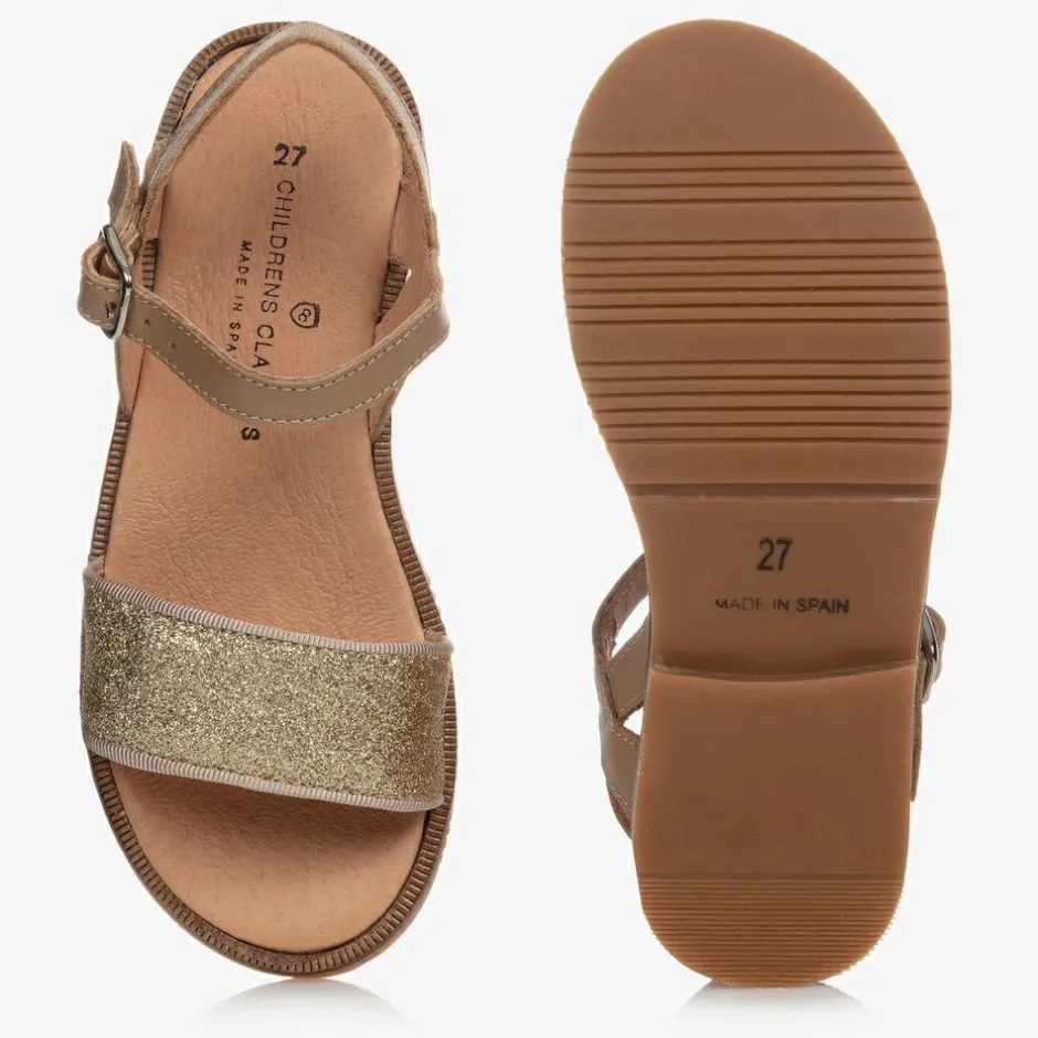 Childrens Classics Gold Glitter Leather Sandals New