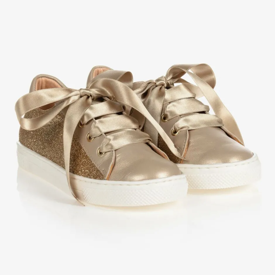 Childrens Classics Gold Glitter Leather Trainers Clearance