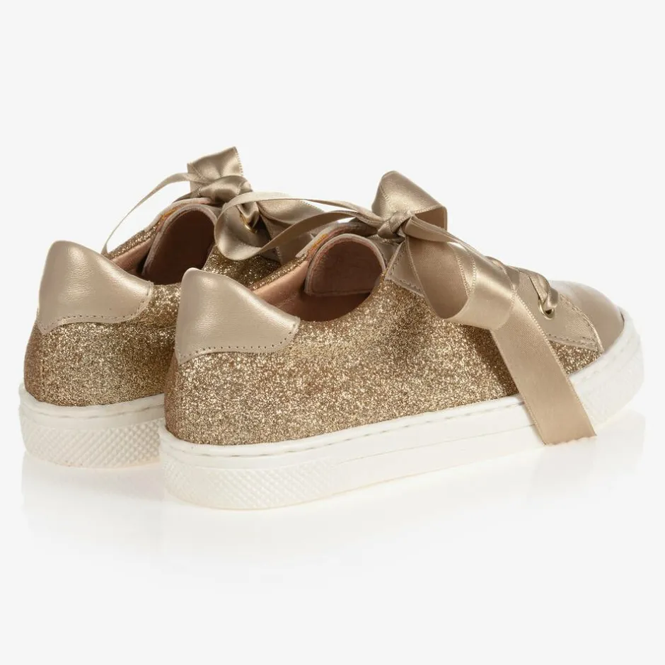 Childrens Classics Gold Glitter Leather Trainers Clearance