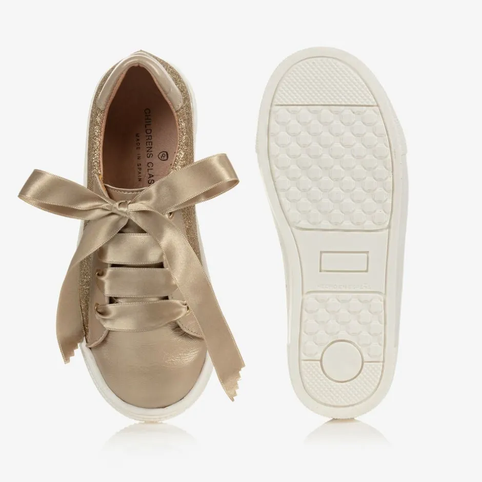 Childrens Classics Gold Glitter Leather Trainers Clearance