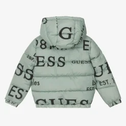 Guess Green Logo Print Puffer Jacket New