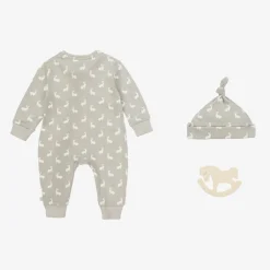 The Little Tailor Grey Hare Print Cotton Babysuit Set Outlet