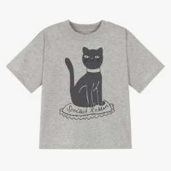 Mini Rodini Grey Marl Organic Cotton Cat Print T-Shirt Outlet