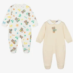 Moschino Baby Ivory & Beige Teddy Bear Cotton Babygrows (2 Pack) Sale