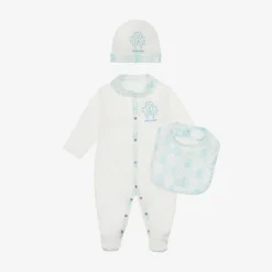 Roberto Cavalli Ivory & Blue Cotton Monogram Babysuit Set Outlet