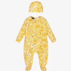Versace Ivory & Gold Barocco Babysuit Set Online
