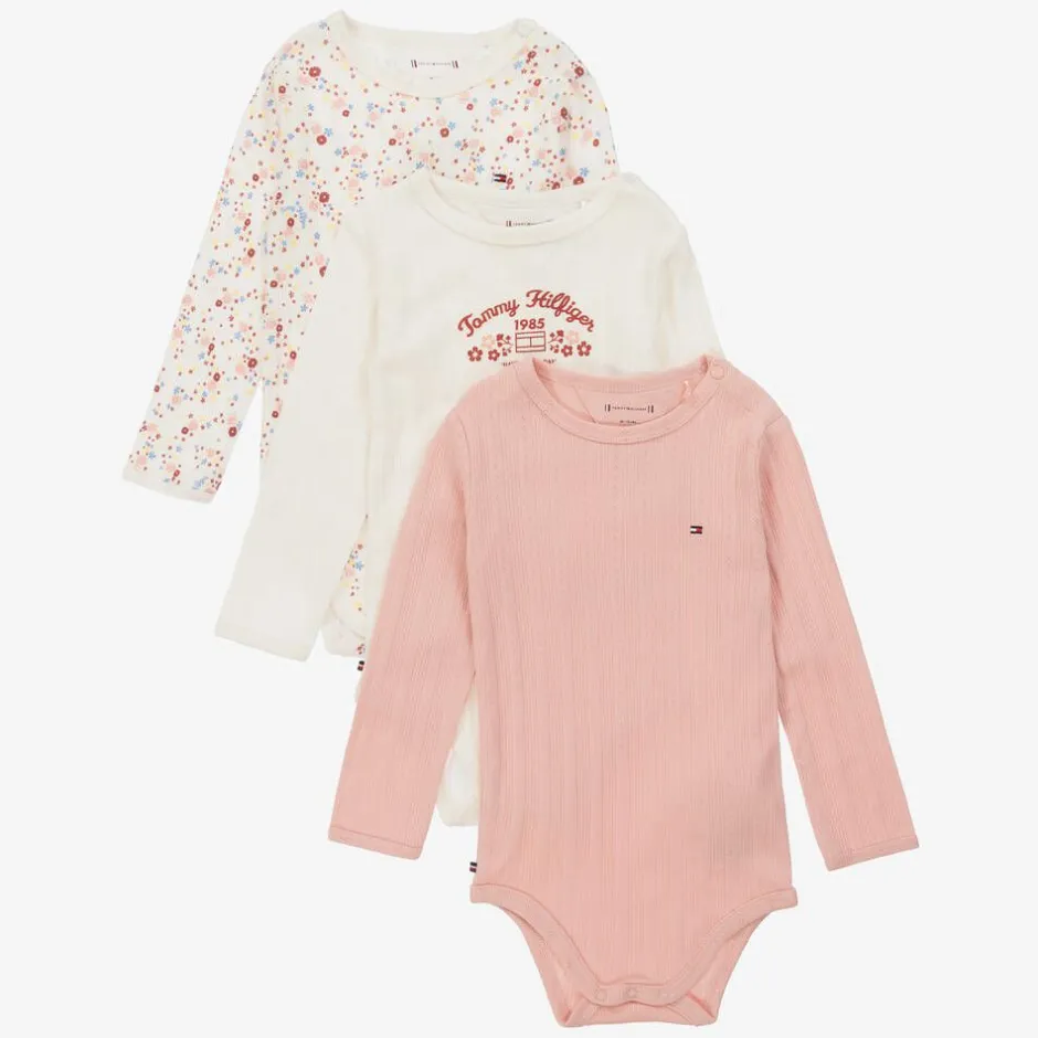Tommy Hilfiger Ivory & Pink Cotton Baby Bodysuits (3 Pack) Sale