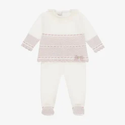 Paz Rodríguez Ivory & Pink Merino Wool Knitted 2 Piece Babygrow Clearance