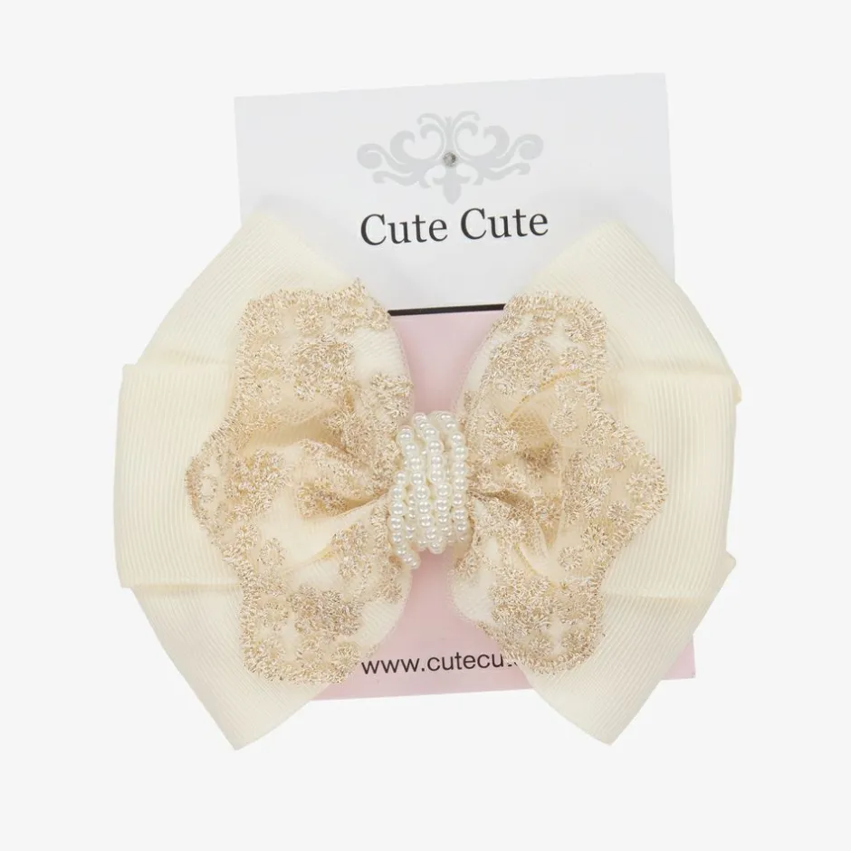 Cute Cute Ivory & Gold Bow Clip (11cm) Hot