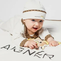 AIGNER Ivory Bear Logo Pima Cotton Baby Blanket (90cm)