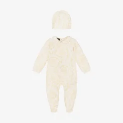 Versace Ivory Cotton Babysuit & Hat Set white