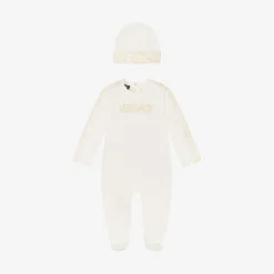 Versace Ivory Cotton Babysuit & Hat Set white New