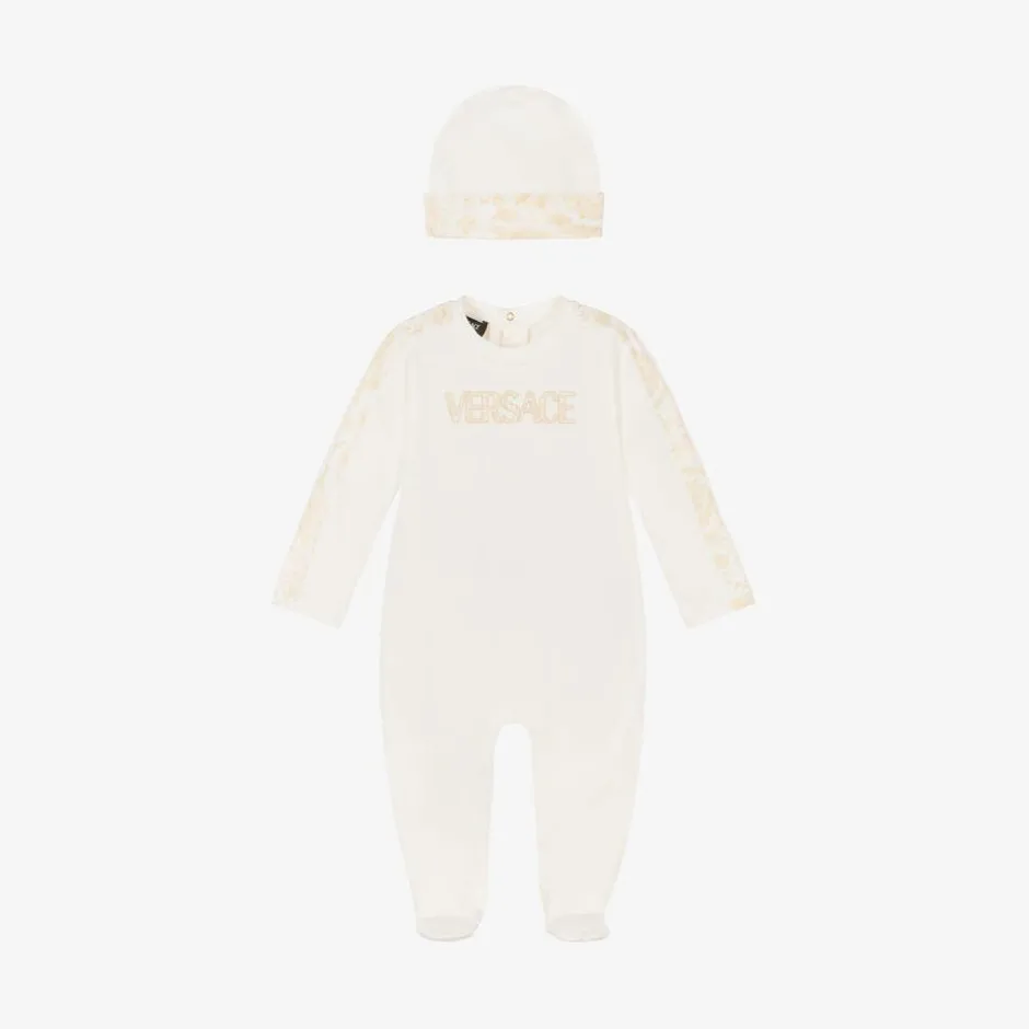 Versace Ivory Cotton Babysuit & Hat Set white New