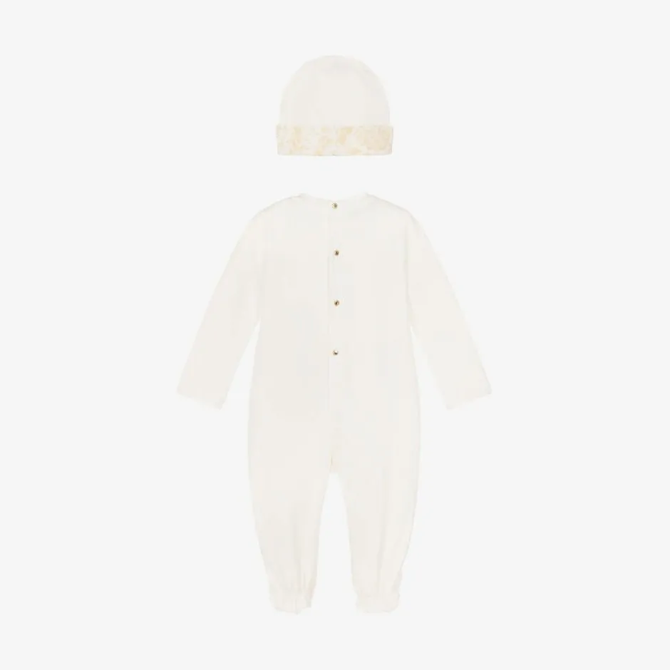 Versace Ivory Cotton Babysuit & Hat Set white New