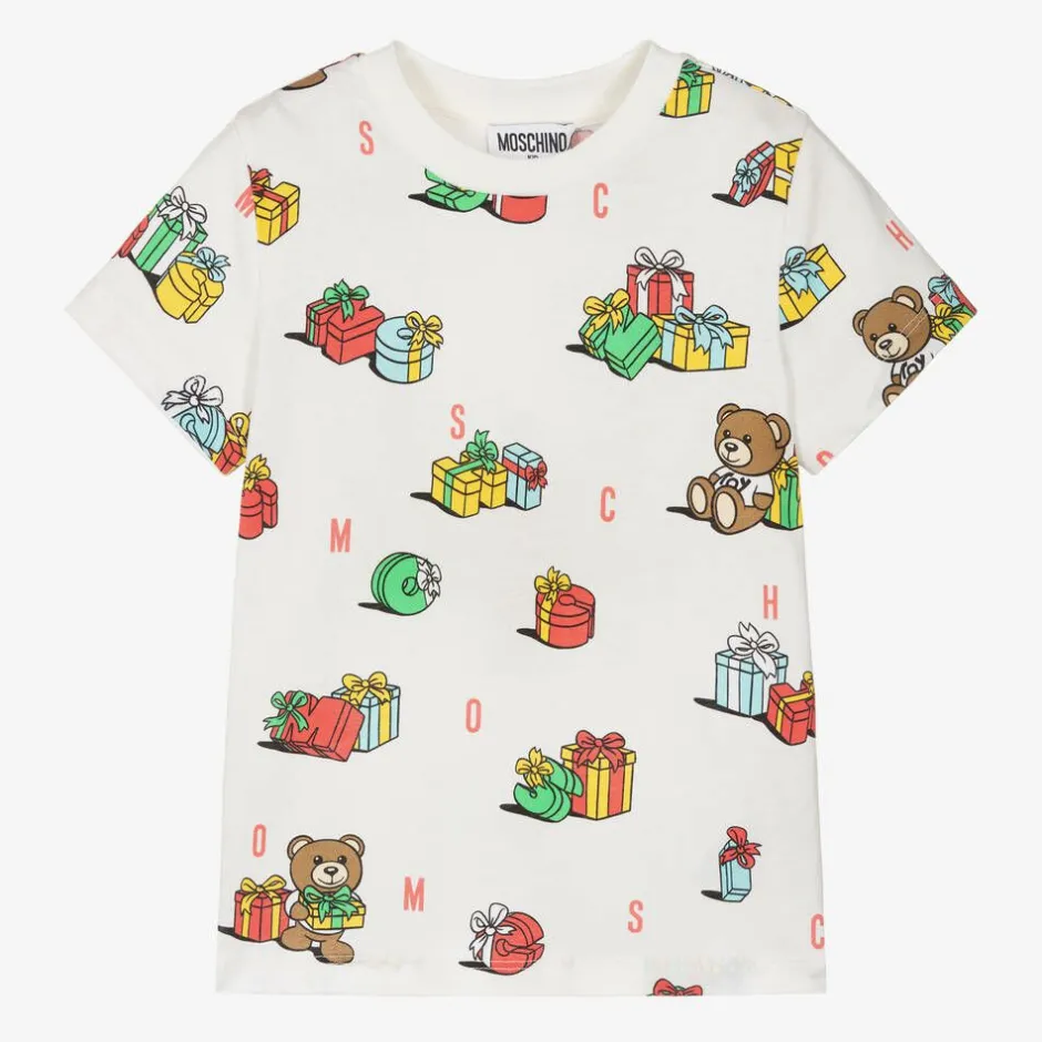 Moschino Kid-Teen Ivory Cotton Festive Gifts T-Shirt Discount