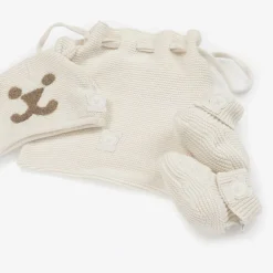 Guess Ivory Cotton Knit Baby Hat & Booties Set Online