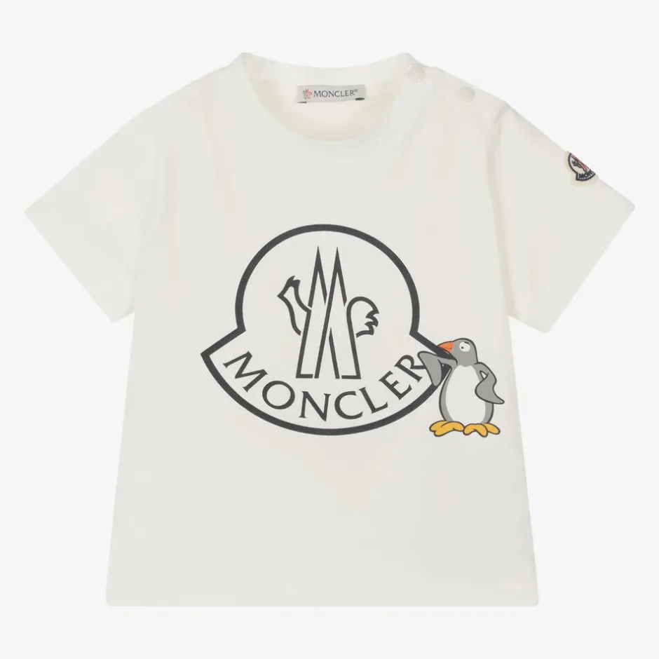 Moncler Enfant Ivory Cotton Penguin Logo T-Shirt Outlet