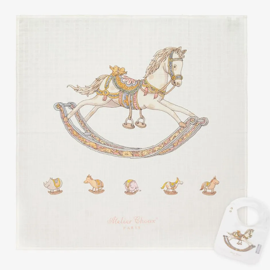 Atelier Choux Paris Ivory Rocking Horse Swaddle & Bib Set Online