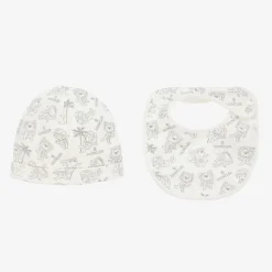 Moncler Enfant Ivory Teddy Bear Cotton Hat & Bib Set Outlet